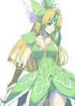  1girl arm_up armpits blonde_hair breasts bridal_gauntlets cleavage collarbone contrapposto cowboy_shot eyebrows_visible_through_hair green_leotard hair_intakes highres leotard long_hair medium_breasts open_mouth purple_eyes riesz seiken_densetsu seiken_densetsu_3 simple_background sketch solo soramiruku standing very_long_hair white_background 