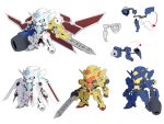  00_gundam absurdres arm_cannon blue_eyes chibi crossover digimon fusion gattai gn_drive gundam gundam_00 gundam_astraea_type-f gundam_exia highres holding holding_sword holding_weapon mecha mechanization metalgarurumon multiple_views no_humans omegamon sword v-fin wargreymon weapon white_background zhu_fun 