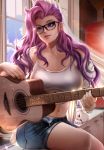  1girl absurdres artist_name bangs bearwitch black-framed_eyewear blue_eyes breasts cat commentary glasses highres holding large_breasts league_of_legends long_hair long_sleeves seraphine_(league_of_legends) smile solo 