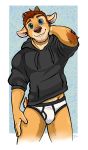  absurd_res anthro bovid briefs brown_hair canid canine canis caprine clothing dingo drawyourfursona goat hair hand_behind_head heterochromia hi_res horn hybrid jackaloo looking_at_viewer male mammal smiling_at_viewer solo sweater topwear underwear 
