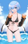  1girl :d absurdres ass_visible_through_thighs bangs bikini black_bikini black_ribbon black_sleeves blue_eyes blue_hair blue_sky blurry blurry_background borrowed_garments bow bow_bikini breasts cleavage clothes_down cloud collarbone cowboy_shot day front-tie_bikini front-tie_top hair_between_eyes hair_ornament highres jacket long_sleeves looking_at_viewer navel ocean open_clothes open_jacket open_mouth outdoors re:zero_kara_hajimeru_isekai_seikatsu rem_(re:zero) renefu ribbon shiny shiny_hair short_hair sideboob sky sleeves_past_wrists smile solo standing swimsuit underboob wading white_bow white_jacket x_hair_ornament 