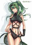  1girl alternate_hairstyle antenna_hair arknights ass_visible_through_thighs bare_arms bare_shoulders black_gloves breasts brilliant_naraku character_name commentary cowboy_shot crocodilian_tail drop_shadow fingerless_gloves gavial_(arknights) gloves green_hair highres long_hair looking_at_viewer medium_breasts navel ponytail simple_background single_glove smile solo standing stomach tail thighs white_background yellow_eyes 