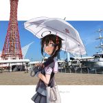  1girl ahoge bag black_gloves black_hair black_serafuku blue_eyes blue_sky braid cloud commentary_request cowboy_shot day fingerless_gloves gloves hair_flaps hair_ornament hair_over_shoulder highres kantai_collection kobe kobe_port_tower neckerchief outdoors parasol photo_background real_world_location red_neckwear remodel_(kantai_collection) school_uniform serafuku shigure_(kantai_collection) ship single_braid sky solo sugue_tettou tower twitter_username umbrella watercraft white_umbrella 