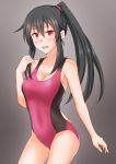  1girl anti_(untea9) black_hair breasts cleavage commentary_request competition_swimsuit condensation_trail cowboy_shot gradient gradient_background grey_background highres kantai_collection long_hair looking_at_viewer medium_breasts one-piece_swimsuit ponytail red_eyes red_swimsuit scrunchie sidelocks solo standing swimsuit yahagi_(kantai_collection) 