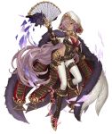  1girl ammunition_belt blue_eyes boots breasts cinderella_(sinoalice) cloak dark_skin fan full_body fur_trim hair_over_one_eye high_heel_boots high_heels hood hooded_cloak ji_no knee_boots large_breasts lavender_hair long_hair looking_at_viewer official_art paper_fan sinoalice smile solo transparent_background very_long_hair 