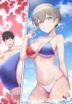  1boy 1girl absurdres bikini blue_eyes blue_sky breasts chinese_commentary cloud collarbone commentary_request condensation_trail cowboy_shot dated day grey_hair grin highres large_breasts looking_at_viewer mismatched_bikini outdoors sakurai_shinichi short_hair signature sky smile solo_focus swimsuit uzaki-chan_wa_asobitai! uzaki_hana water yoru_sei 