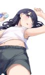  1girl armpits black_hair bottle commentary fingernails fukumaru_koito highres hiroki_(yyqw7151) idolmaster idolmaster_shiny_colors long_hair lying navel on_back one_eye_closed pocari_sweat shorts side_ponytail sweat tank_top water_bottle 