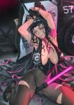  1girl armpits arms_up bangs bare_shoulders bikini black_bikini black_gloves black_hair black_headwear blush bodystocking breasts car cleavage covered_navel cuffs facial_mark fate/grand_order fate_(series) fingerless_gloves forehead_mark gloves ground_vehicle halter_top halterneck handcuffs hat highres large_breasts legs long_hair looking_at_viewer mhk_(mechamania) motor_vehicle multicolored_hair necktie parted_bangs pink_hair pink_neckwear police_car police_hat ponytail sesshouin_kiara sesshouin_kiara_(swimsuit_mooncancer)_(fate) streaked_hair swimsuit thighs traffic_baton very_long_hair yellow_eyes 