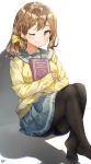  1girl ;) absurdres ass bangs black_legwear book bow breasts brown_eyes brown_hair cardigan closed_mouth graduation grey_panties grey_sailor_collar grey_skirt hair_bow highres holding holding_book knees_up kunikida_hanamaru long_hair long_sleeves looking_at_viewer love_live! love_live!_sunshine!! medium_breasts miniskirt no_shoes one_eye_closed panties pantyhose pleated_skirt sailor_collar school_uniform shadow shiny shiny_hair signature simple_background sitting skirt sleeves_past_wrists smile solo takenoko_no_you underwear uranohoshi_school_uniform white_background yellow_bow yellow_cardigan 