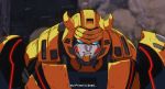  1boy autobot blue_eyes bumblebee close-up dmitry_grozov english_commentary english_text highres horns looking_down mecha no_humans solo the_transformers_(idw) transformers 