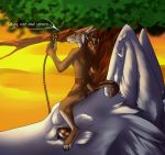  anthro canid canine canis coyote duo female feral harness hi_res imperishable86_(artist) larger_feral mammal rope size_difference smaller_anthro smaller_female sunset tree wolf 