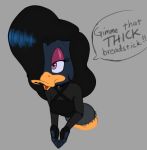  anatid anseriform anthro avian billboi bird black_hair black_makeup choker clothing dialogue dress duck eyelashes female fingerless_gloves gloves goth hair half-closed_eyes handwear hi_res high-angle_view jewelry makeup narrowed_eyes necklace pink_eyes shirt solo suggestive topwear 