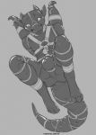 anthro bdsm blep bondage bound bulge cuffs_(disambiguation) dragon hands_behind_back harness hi_res looking_at_viewer male monochrome null_bulge rope rubber solo tempestus_vulpis tongue tongue_out 