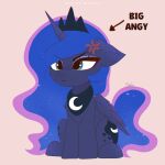  1:1 1_horn absurd_res angry black_neckwear black_tiara blue_hair blue_tail crescent_moon_(marking) cross-popping_vein crown cutie_mark digital_drawing_(artwork) digital_media_(artwork) english_text equid equine eyelashes eyeshadow feathered_wings feathers female female_feral feral flat_colors friendship_is_magic frown hair hasbro headgear hi_res highlights_(coloring) horn makeup mammal markings monotone_background moon_(marking) mouth_closed my_little_pony mythological_creature mythological_equine mythology nnalyart pink_background pink_highlights princess_luna_(mlp) purple_body purple_eyeshadow purple_horn purple_wings quadruped simple_background sitting solo sparkles sparkling_hair spiral_horn tail teal_eyes text tiara winged_unicorn wings 