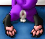  anthro anus balls black_paws butt canid canine canis claws domestic_dog elkhound fur genitals male mammal pawalo pawpads paws pink_pawpads purple_body purple_fur solo spitz zavyn 