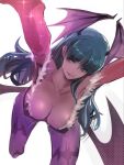  1girl animal_print bat_print black_leotard breasts bridal_gauntlets darkstalkers demon_wings green_eyes green_hair head_wings highres large_breasts leotard low_wings meke_(77842928) morrigan_aensland pantyhose purple_pantyhose solo strapless strapless_leotard white_background wings 
