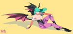  1girl absurdres animal_print arm_support artist_logo artist_name bare_shoulders bat_print bat_wings black_leotard black_wings blunt_ends breasts bridal_gauntlets cleavage closed_mouth darkstalkers demon_girl demon_wings floating_hair full_body green_eyes green_hair hand_on_own_knee head_wings highleg highleg_leotard highres knee_up large_breasts leaning_back leotard lips logo long_hair looking_at_viewer morrigan_aensland pantyhose pink_lips print_pantyhose purple_pantyhose r3dfive red_nails shadow simple_background sitting smile solo wings yellow_background 