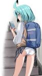  1girl ahoge anemo_nemo aqua_hair ass bag brown_sweater_vest cellphone highres holding holding_phone huge_ahoge light_blush mahou_shoujo_ni_akogarete medium_hair momendoufu panties phone pleated_skirt purple_eyes school_bag school_uniform shirt skirt smartphone standing sweater_vest underwear upskirt white_panties white_shirt 