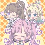  3girls 6th_live_dream_~bloom_garden_party~ =_= anyoji_hime blonde_hair blowing_kiss blue_eyes blue_hair blue_streaks brown_hair closed_eyes commentary_request expressive_hair fanfare!!!_(love_live!) fang flying_sweatdrops fujishima_megumi gradient_hair hair_bun hair_intakes heart heart-shaped_hair high_ponytail highres looking_at_another love_live! love_live!_hasu_no_sora_jogakuin_school_idol_club mira-cra_park! multicolored_hair multiple_girls open_mouth orange_background osawa_rurino outstretched_arms ponytail purple_eyes sidelocks single_hair_bun spread_arms streaked_hair twintails umino_tsukina virtual_youtuber 