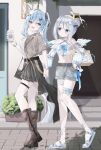  2girls absurdres amane_kanata bag belt black_bag black_belt black_bow black_ribbon black_skirt blue_bow blue_hair blue_nails blue_sandals blue_shirt blush boots bow brown_boots brown_jacket bush commentary_request criss-cross_straps cropped_jacket cropped_shirt cup day disposable_coffee_cup disposable_cup door elf full_body gold_halo grey_shorts hair_bow hair_bun hair_intakes hair_ornament hair_ribbon hairclip halo handbag happy highres hololive jacket long_hair long_sleeves looking_at_another medium_hair multiple_girls nakatako1225 open_mouth outdoors pavement plant pointy_ears potted_plant purple_eyes ribbon sandals shirt shirt_bow shopping_bag shorts side_ponytail single_hair_bun single_hair_intake skirt stairs star_halo teeth thigh_belt thigh_strap upper_teeth_only virtual_youtuber walking white_hair white_shirt yellow_eyes yukihana_lamy 