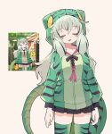 1girl absurdres boomslang_(kemono_friends) closed_eyes commentary_request green_hair green_hoodie highres hood hoodie kanmoku-san kemono_friends kemono_friends_3 long_hair pink_background ribbon simple_background skirt sleeping slit_pupils snake_girl snake_tail tail thighhighs yellow_eyes 