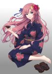  1girl absurdres alcohol barefoot blue_eyes flower footwear_removed geta gundam gundam_seed gundam_seed_destiny hair_flower hair_ornament hair_ribbon highres japanese_clothes jewelry kimono lacus_clyne looking_at_viewer pink_hair revision ribbon ring sake sitting smile toes yukata yunkaiming 