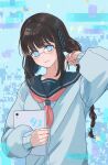  1girl ai_(shining_nikki) bespectacled black-framed_eyewear blue_background blue_bow blue_cardigan blue_eyes blue_serafuku blue_shirt bow braid brown_hair cardigan character_name closed_mouth commentary_request eyelashes glasses glitch hair_bow hair_ornament hand_in_own_hair happy highres holding holding_tablet_pc kohanai_setsuna light_blush lipstick long_hair long_sleeves looking_at_viewer low_twin_braids makeup neckerchief nikki_(series) pink_lips pink_neckerchief puffy_long_sleeves puffy_sleeves round_eyewear school_uniform serafuku shining_nikki shirt smile solo tablet_pc twin_braids upper_body v-neck very_long_hair 