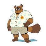  2020 animal_crossing anthro belly blue_eyes bottomwear brown_body brown_fur canid canine clothing fur hi_res javigameboy male mammal nintendo overweight overweight_anthro overweight_male raccoon_dog shirt shorts simple_background solo tanuki tom_nook_(animal_crossing) topwear video_games white_background 