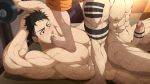  3boys abs akitaru_oubi bara black_hair brown_eyes chest en&#039;en_no_shouboutai erection feet group_sex highres kuroshinki male_focus multiple_boys muscle nipples pectorals penis sex shinra_kusakabe shirtless short_hair tattoo threesome uncensored upper_body veins vulcan_joseph 