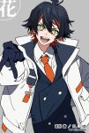 1boy black_gloves black_hair black_jacket call_of_cthulhu collared_shirt commentary_request gloves gyaru_v jacket laughing multicolored_hair natsuo_(720ge) necktie open_mouth oversized_jacket red_hair red_necktie shirt sparkling_eyes suit v white_jacket yellow_eyes 