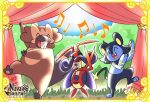  :d alt_text artist_name bibarel closed_eyes curtains dancing eighth_note facing_another grass kricketune luxio lyra_vi musical_note no_humans nova_swarm pokemon pokemon_(creature) quarter_note smile 
