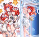  3girls :d arm_up ass barefoot bed_sheet black_gloves blindfold blue_eyes blush braid braided_bangs breasts brown_shorts commentary_request craytm dakimakura_(medium) detached_sleeves dress envelope flower-shaped_pupils gloves hair_over_one_eye honkai:_star_rail honkai_(series) long_sleeves love_letter lying multiple_girls on_back on_stomach one_side_up pointy_ears puffy_long_sleeves puffy_sleeves shorts small_breasts smile star_(symbol) symbol-shaped_pupils trianne_(honkai:_star_rail) tribbie_(honkai:_star_rail) trinnon_(honkai:_star_rail) white_dress white_sleeves 