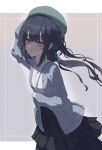  1girl absurdres bag black_hair black_skirt blue_cardigan book_off cardigan closed_mouth crydel dress frilled_dress_collar gradient_background green_bag grey_eyes hat highres kurobe_nanoka layered_dress layered_skirt long_hair long_sleeves looking_at_viewer mahou_shoujo_no_majo_saiban official_alternate_costume open_cardigan open_clothes shirt shoulder_bag simple_background skirt solo twintails white_shirt 