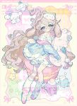  1girl absurdres animal animal_ears asymmetrical_legwear blue_cardigan cardigan dog dog_ears dress droopy_ears frills full_body grey_eyes highres hood hugging_object lace long_hair nailiu_mashu original pastel_colors ribbon semi-rimless_eyewear sitting solo stuffed_animal stuffed_toy under-rim_eyewear wavy_hair white_dress 