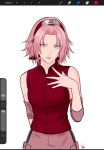  1girl arm_behind_back art_program_in_frame artist_logo chococurrent closed_mouth commentary cowboy_shot elbow_pads english_commentary eyelashes green_eyes hairband hand_up haruno_sakura highres logo looking_at_viewer medium_hair naruto_(series) naruto_shippuuden pink_hair pink_overskirt red_hair red_shirt screenshot shirt simple_background sleeveless sleeveless_shirt white_background 