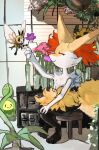  2026 6moon_0 ambiguous_anthro ambiguous_gender anthro biped braixen budew canid closed_smile detailed_background digital_media_(artwork) digital_painting_(artwork) digitigrade duo_focus elemental_creature eyelashes eyes_closed flora_fauna flower flying front_view furniture generation_4_pokemon generation_6_pokemon generation_7_pokemon group holding_flower holding_object inside japanese_description mammal mouth_closed nintendo object_in_tail open_mouth open_smile painting_(artwork) plant pokemon pokemon_(species) ribombee side_view sitting smile stick stick_in_tail stool tail translated_description trio 