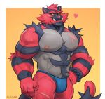  1boy abs absurdres animal_ears artist_name bara bead_bracelet beads blue_fundoshi bracelet claws closed_mouth commentary cross_scar english_commentary fangs fangs_out fundoshi furry furry_male hand_on_own_hip heart highres incineroar japanese_clothes jewelry looking_at_viewer luis_huerta male_focus muscular muscular_male navel nipples pawpads pectorals pokemon pokemon_(creature) scar scar_on_chest smile sweat tail tiger_boy tiger_ears tiger_stripes tiger_tail topless_male 