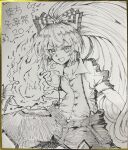  1girl bow collared_shirt commentary_request efukei fire fujiwara_no_mokou hair_bow highres long_hair multiple_hair_bows ofuda ofuda_on_clothes open_mouth pants puffy_short_sleeves puffy_sleeves pyrokinesis shikishi shirt short_sleeves smile solo suspenders touhou traditional_media translation_request very_long_hair 