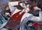  1boy black_hair black_nails earrings flag_(99199861) highres holding holding_microphone jacket jewelry long_hair long_sleeves looking_at_viewer makeup male_focus microphone multicolored_hair nijisanji nijisanji_en partially_submerged red_hair red_shirt shirt smile solo streaked_hair virtual_youtuber vox_akuma water wet yellow_eyes 