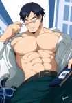  1boy abs absurdres bara belt blue_hair boku_no_hero_academia chest eyewear_removed highres iida_tenya kuroshinki male_focus muscle navel nipples pants pectorals short_hair solo undressing upper_body veins 