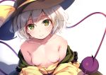  bow breasts close gray_hair green_eyes hat ke-ta komeiji_koishi nipples no_bra open_shirt short_hair touhou white 