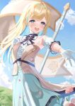  1girl absurdres aqua_skirt bare_shoulders black_bow black_bowtie blonde_hair blue_eyes blue_hair blue_sky bow bowtie brown_jacket cloud collar colored_inner_hair detached_collar falling_petals flag flower gloves gradient_eyes high-waist_skirt highres hirakuro jacket long_hair long_skirt looking_at_viewer multicolored_bow multicolored_bowtie multicolored_eyes multicolored_hair off-shoulder_jacket off-shoulder_shirt off_shoulder open_mouth petals pink_flower pink_petals riot_music shirakawa_shirase shirt skirt sky smile solo streaked_hair two-tone_hair virtual_youtuber white_bow white_bowtie white_collar white_gloves white_shirt yellow_eyes 