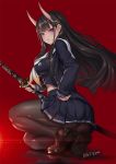  1girl artist_name azur_lane black_cardigan black_hair black_legwear black_serafuku black_skirt breasts cardigan eyebrows_visible_through_hair full_body hair_ornament highres holding holding_sword holding_weapon horns jissaga long_hair looking_at_viewer looking_back medium_breasts neckerchief noshiro_(azur_lane) oni_horns pantyhose purple_eyes red_background sailor_collar school_uniform serafuku sheath sheathed skirt solo sword weapon x_hair_ornament 