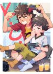  2boys bed bedroom blue_eyes child collared_shirt controller digimon digimon_frontier game_controller highres himi_tomoki indoors juice kanbara_takuya laughing looking_at_another male_focus multiple_boys orange_juice playing_games playing_video_games sanada_makomi shirt shorts sitting sitting_on_person socks white_socks yellow_shirt yellow_socks 