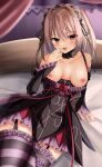  1girl :d absurdres alternate_breast_size_(larger) bare_shoulders black_choker black_dress black_hairband black_ribbon blush breasts breasts_apart breasts_out choker clothes_pull collarbone commentary_request commission cowboy_shot dress dress_flower dress_pull dress_ribbon dutch_angle fingernails flower frilled_choker frilled_dress frilled_sleeves frilled_thighhighs frills garter_straps gothic_lolita grey_hair hair_between_eyes hair_intakes hair_ribbon hairband hand_up hapymaher highres indoors large_breasts lolita_fashion long_ribbon long_sleeves looking_at_viewer medium_hair naitou_maia nipples on_bed open_mouth red_eyes red_flower red_ribbon red_rose ribbon rose short_dress skeb_commission smile solo striped_clothes striped_thighhighs takagi-18102817 thighhighs thighs tsurime two_side_up wide_sleeves zettai_ryouiki 