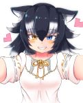  1girl animal_ears artist_request black_hair blue_eyes blush breasts casual commentary commentary_request eyebrows_visible_through_hair grey_wolf_(kemono_friends) heart heterochromia highres kemono_friends large_breasts looking_at_viewer multicolored_hair open_mouth simple_background smile solo two-tone_hair white_background white_hair wolf_ears wolf_girl yellow_eyes 