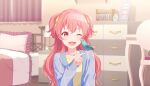  1girl :d ;d animal_on_shoulder bird bird_on_shoulder blanket blue_cardigan cardigan collarbone colorful_palette crossed_bangs curtains dot_nose frilled_blanket frilled_pillow frills game_asset hair_ribbon hand_up highres index_finger_raised indoors jewelry light_blush light_particles long_hair long_sleeves looking_at_animal momoi_airi necklace official_art one_eye_closed open_cardigan open_clothes open_mouth pillow pink_eyes pink_hair project_sekai raised_inner_eyebrows ribbon saihate_e_to_tobu_kimi_e_(project_sekai) shirt smile solo third-party_source tongue two_side_up upper_body yellow_ribbon yellow_shirt 