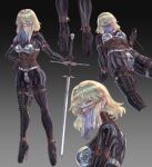  1girl absurdres anal anal_object_insertion blonde_hair blue_eyes bodysuit bodysuit_under_clothes boots brown_corset character_request chastity_belt chastity_bra commentary_request copyright_request corset high_heels highres holding holding_sword holding_weapon latex latex_bodysuit leveen long_hair looking_at_viewer mouth_veil multiple_views object_insertion sword thigh_boots vaginal vaginal_object_insertion veil weapon 