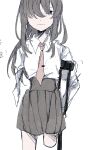  1girl amputee black_hair black_skirt bow chinese_commentary closed_mouth collared_shirt commentary dated_commentary hair_bow high-waist_skirt highres long_sleeves missing_headwear object_request oriharareimu shirt shirt_tucked_in simple_background skirt smile solo touhou translation_request usami_renko white_background white_bow white_shirt 