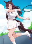  1girl absurdres alternate_costume animal_ears brown_hair enukee hair_between_eyes hair_ornament hairclip highres holding holding_tennis_racket horse_ears horse_girl leg_up long_hair looking_at_viewer mejiro_dober_(umamusume) midriff purple_eyes racket shirt shoes short_sleeves skirt socks solo sportswear tennis_racket tennis_skirt tennis_uniform umamusume white_shirt white_shoes white_skirt white_socks 